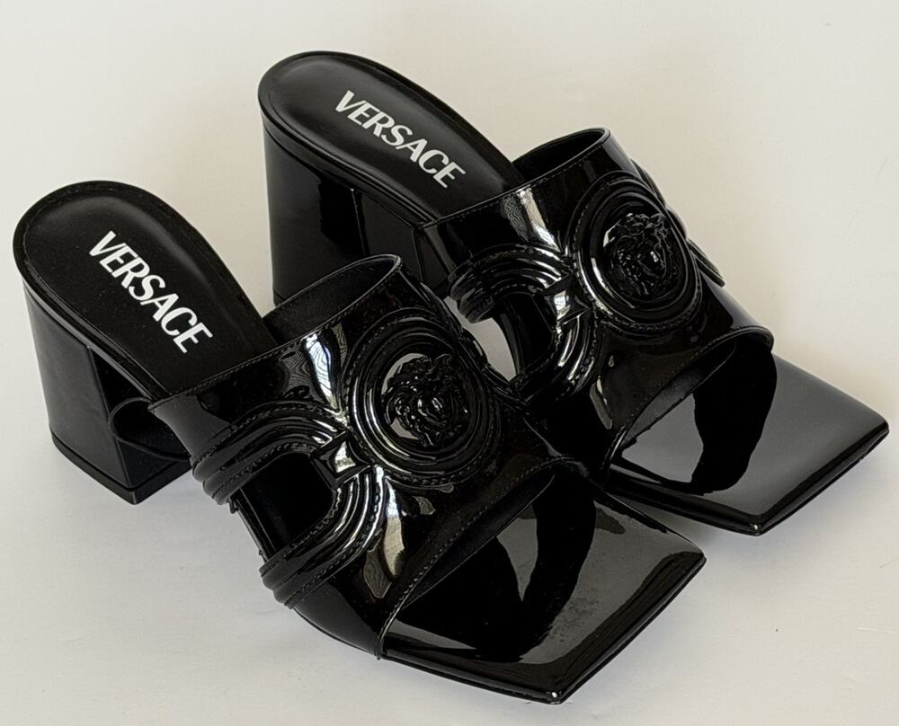 Versace Medusa Patent Leather Mule Sandals Black 8 US (38 Eu) Spain 1018232 NIB